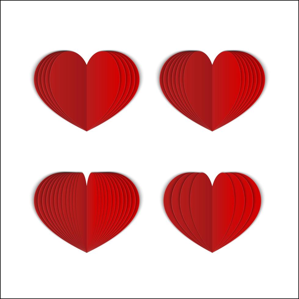 conjunto de 4 coração de papel vermelho isolado no branco. símbolo de amor para cartão de dia dos namorados. coração dobrado 3d realista. ilustração vetorial. modelo fácil de editar para seus projetos de design. vetor