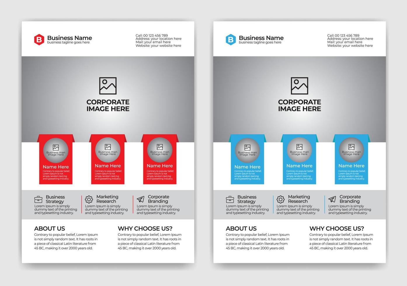 azul e vermelho cretaive, moderno, atraente e profissional de negócios ou design de modelo de panfleto corporativo com vetor de layout de retângulo, círculo e triângulo