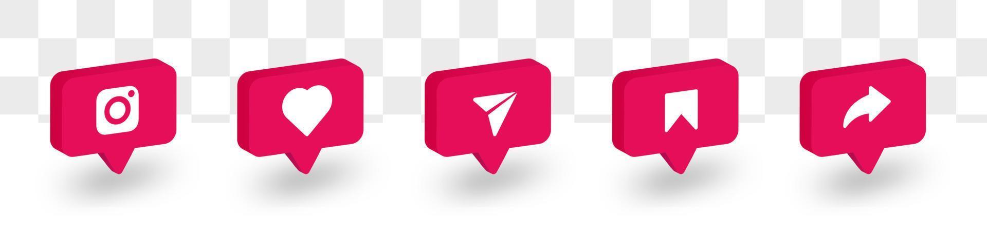 Ícones de notificação do instagram de forma vermelha 3D como, salvar, mensagem direta, ícone de compartilhamento. Logotipo do instagram 3D com balão de fala 3D. vetor