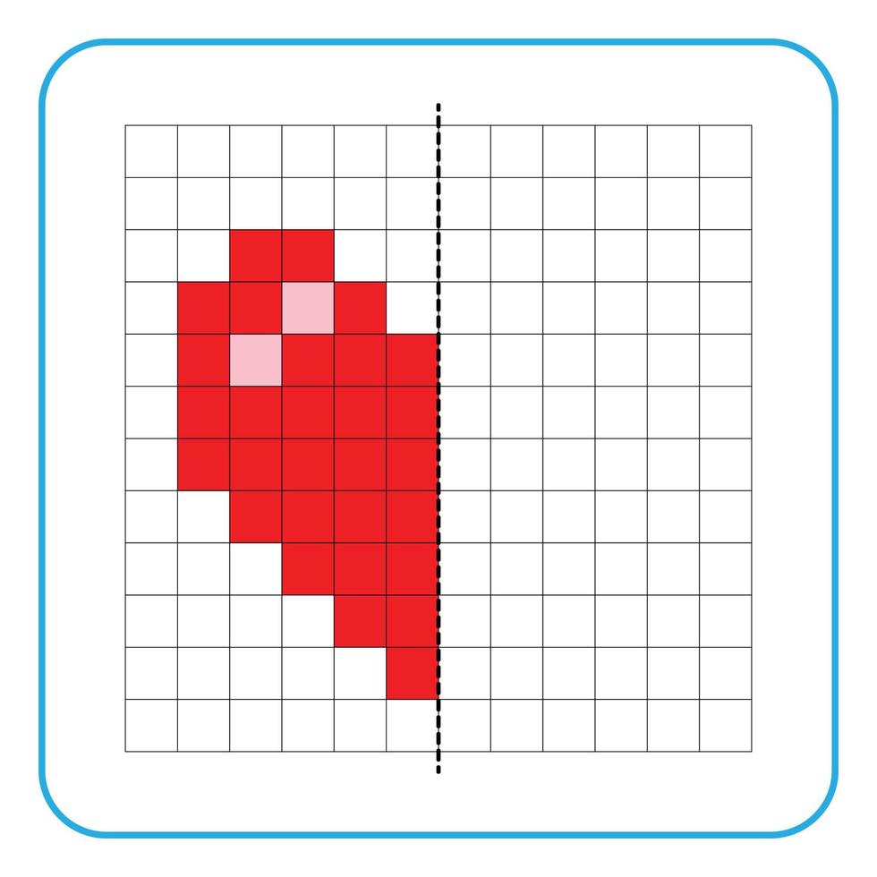 jogo educacional de reflexão de imagens para crianças. aprenda a preencher planilhas de simetria para atividades pré-escolares. colorir páginas de grade, percepção visual e pixel art. complete o símbolo do coração de amor. vetor