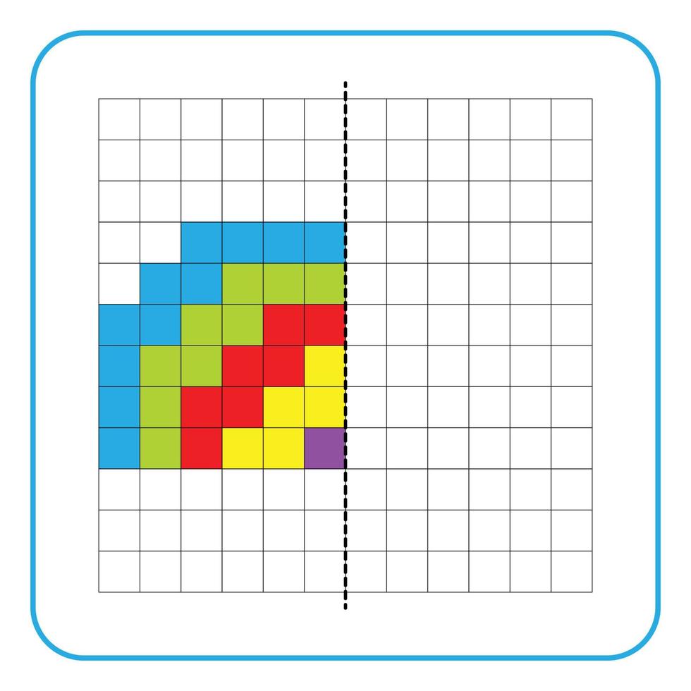 jogo educacional de reflexão de imagens para crianças. aprenda a preencher planilhas de simetria para atividades pré-escolares. colorir páginas de grade, percepção visual e pixel art. complete a imagem do arco-íris. vetor