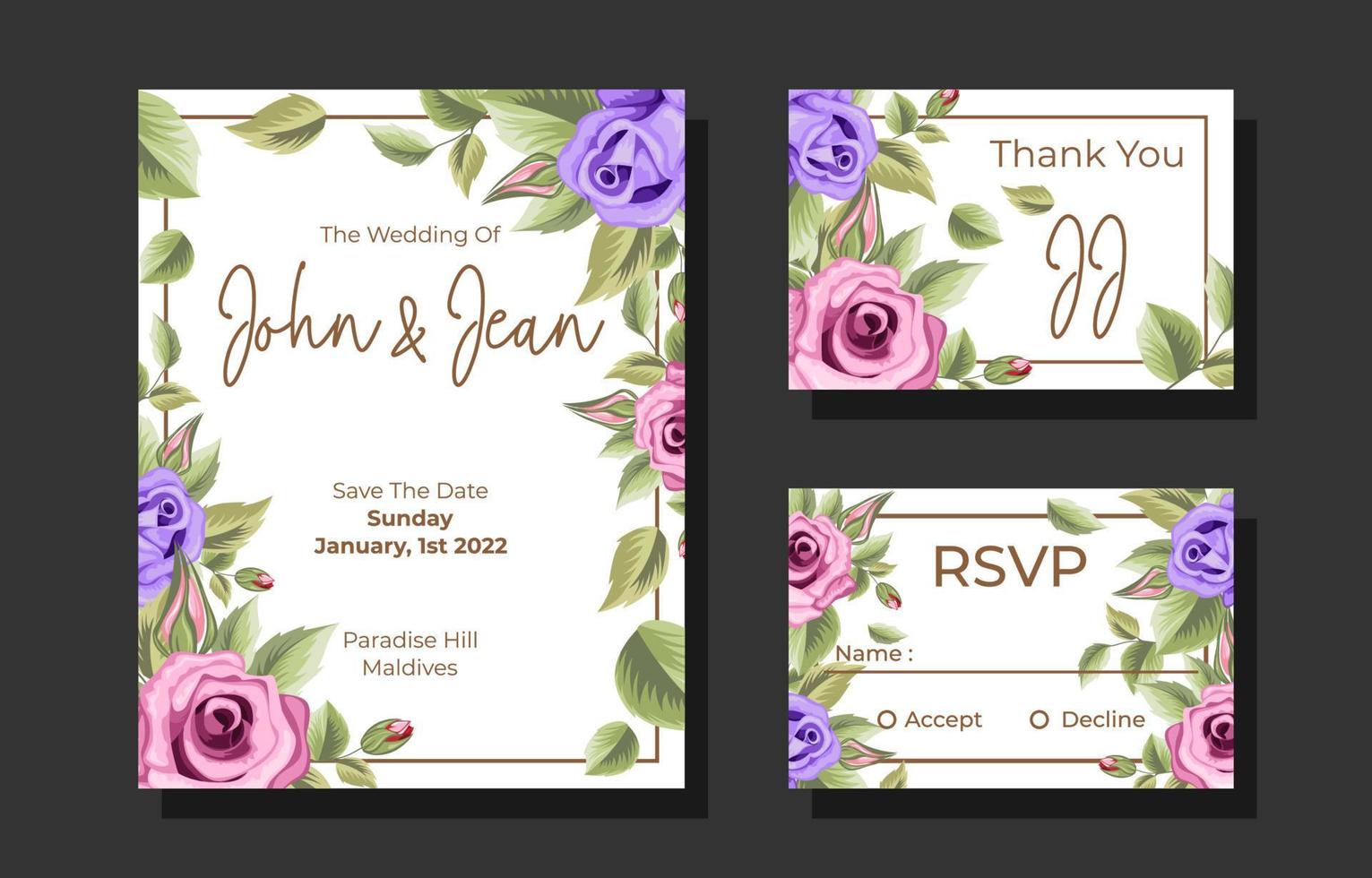 conjunto de modelos de convite de casamento de ornamento floral rosa vetor
