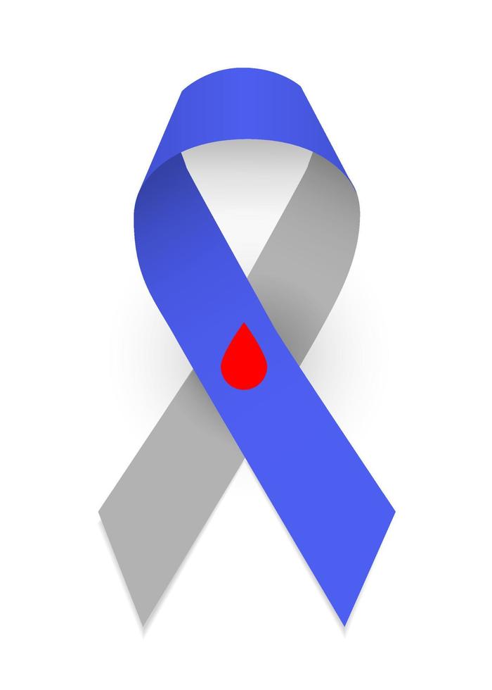fita de cetim colorida como símbolo da conscientização do diabetes tipo um. fita cinza e azul com uma gota de sangue vermelha vetor