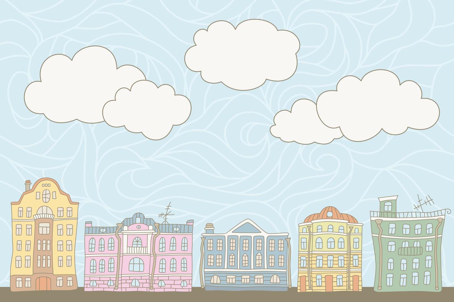 edifícios na cidade velha e no céu. rua da cidade. ilustração vetorial colorida em estilo doodle e cartoon para cartão, pôster, banner e outros vetor