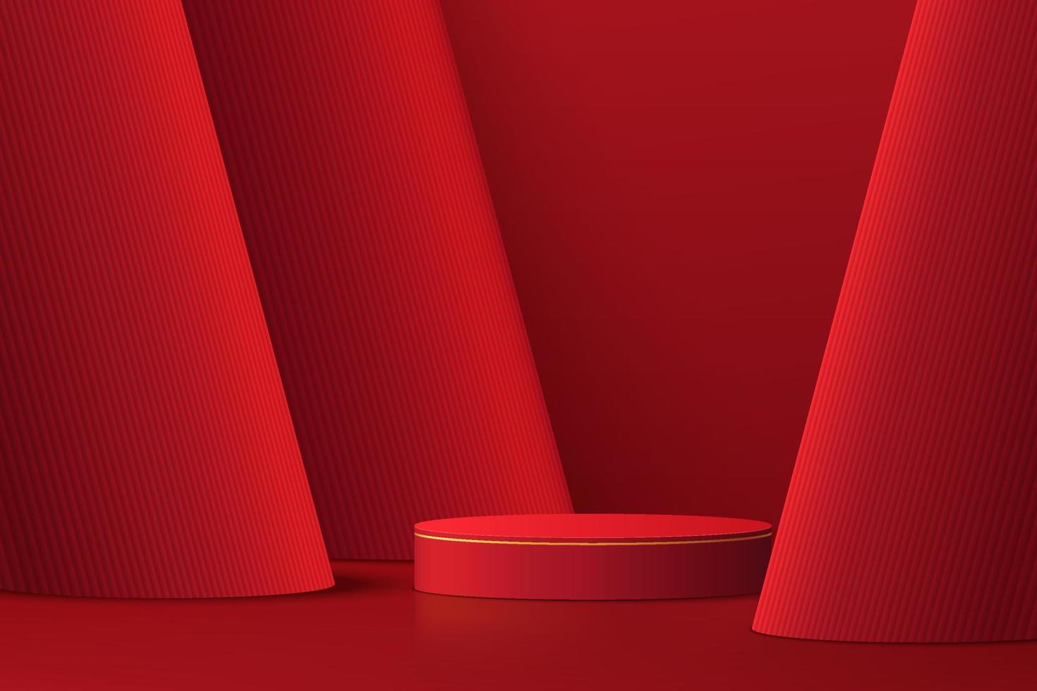 Pódio de pedestal de cilindro 3d vermelho escuro realista com fundo de camadas de pilares vermelhos. cena mínima para vitrine de produtos, exibição de promoção. plataforma de sala de estúdio abstrato. conceito de dia da lanterna feliz. vetor