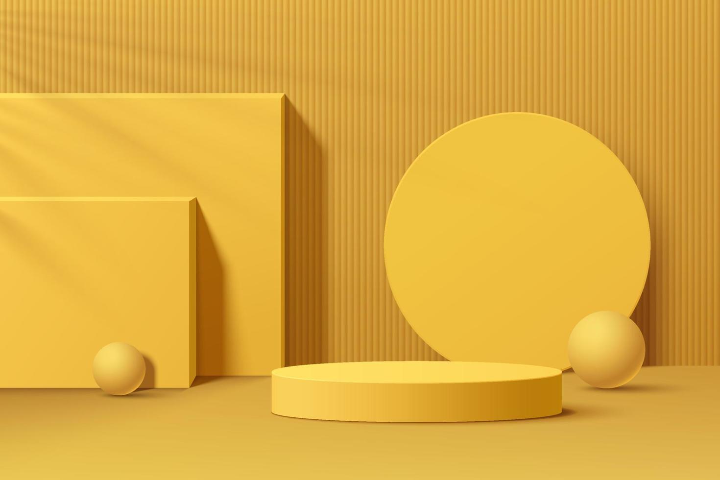 Pódio de pedestal de cilindro 3d amarelo realista com forma geométrica definir plano de fundo. cena mínima para vitrine de produtos, exibição de promoção. projeto abstrato da plataforma da sala do estúdio. ilustração vetorial. vetor