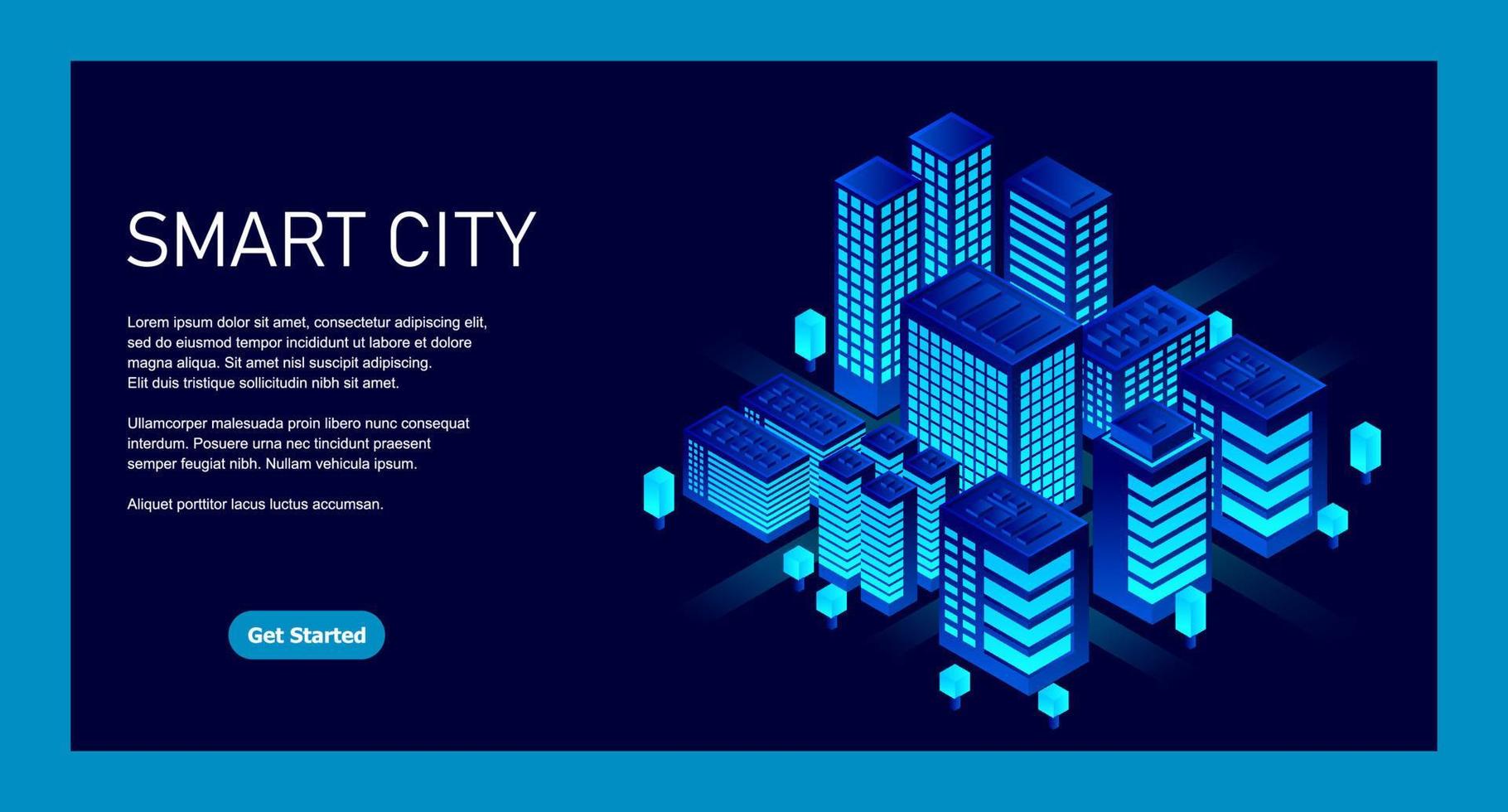 cidade inteligente em um estilo futurista. ilustração isométrica de cidade inteligente. edifícios inteligentes. centro de negócios com arranha-céus e edifícios inteligentes vetor