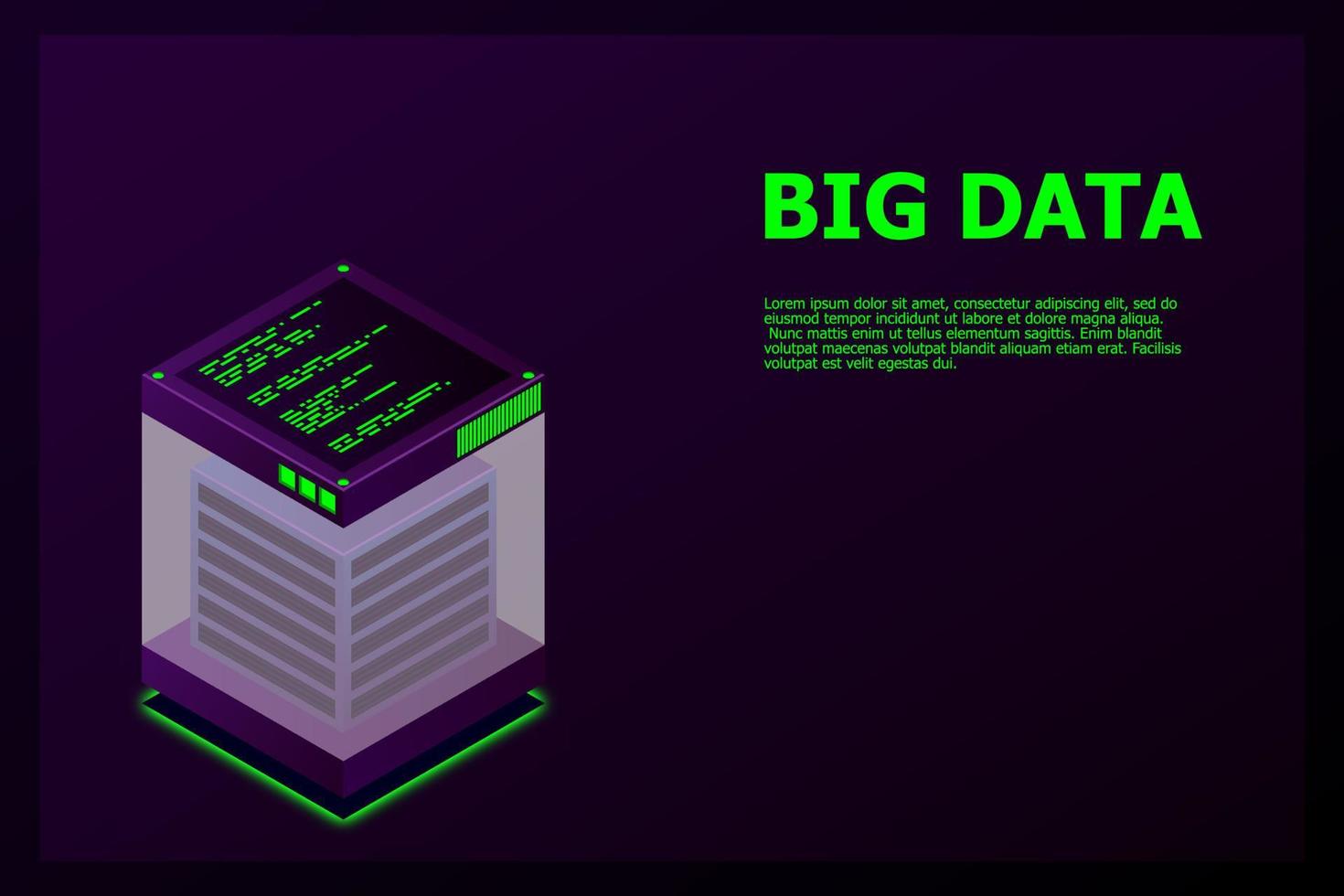 banner de web de tecnologia digital isométrica. algoritmos de aprendizado de máquina de big data. análise e informação. gerenciamento e análise de informações de distribuição de armazenamento de acesso de big data. ilustração vetorial vetor