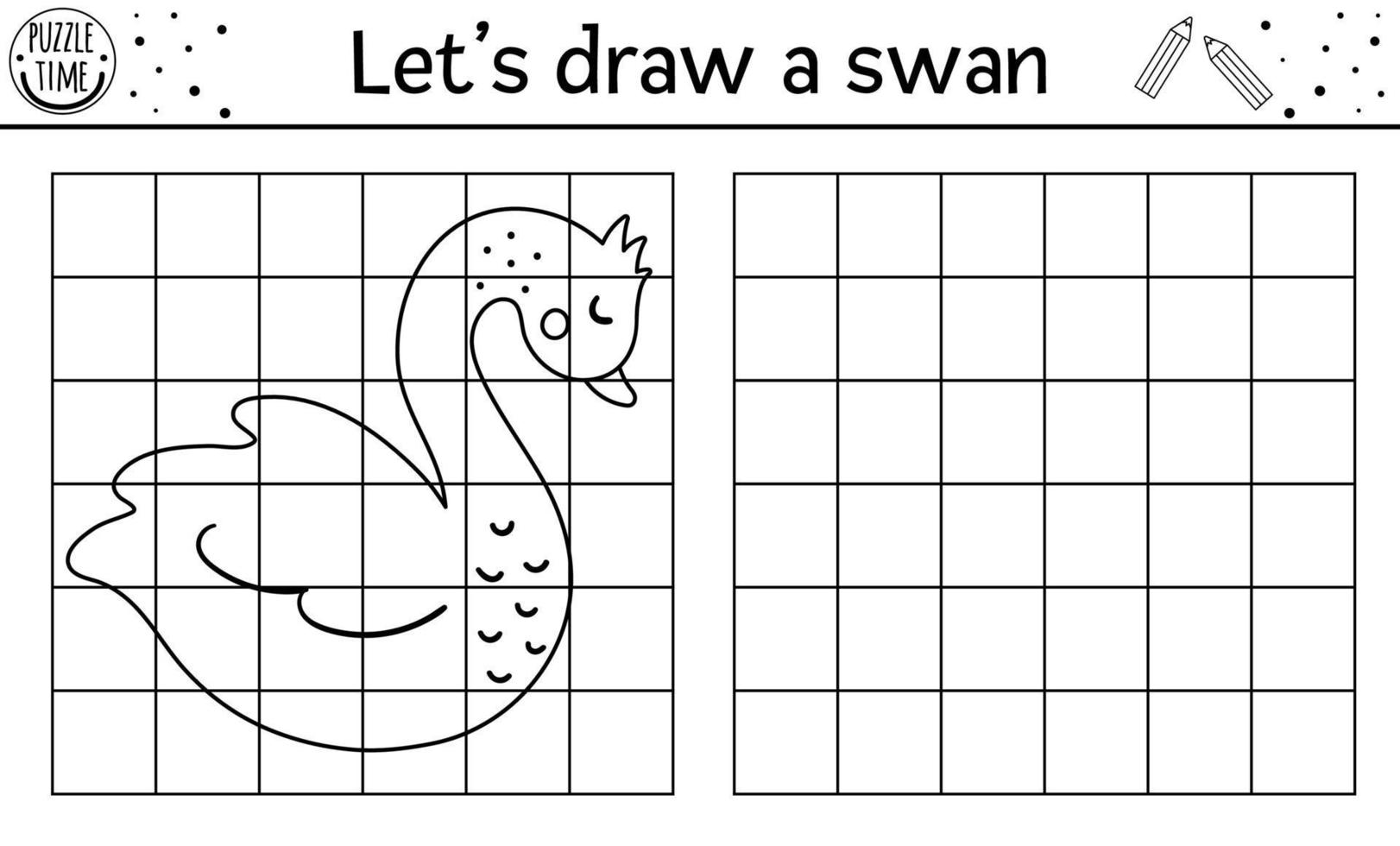 complete a imagem do cisne. planilha de prática de desenho de dia de são valentim de vetor. fevereiro atividade em preto e branco para impressão para crianças em idade pré-escolar. copie o jogo de imagem para crianças com um pássaro bonito. vetor