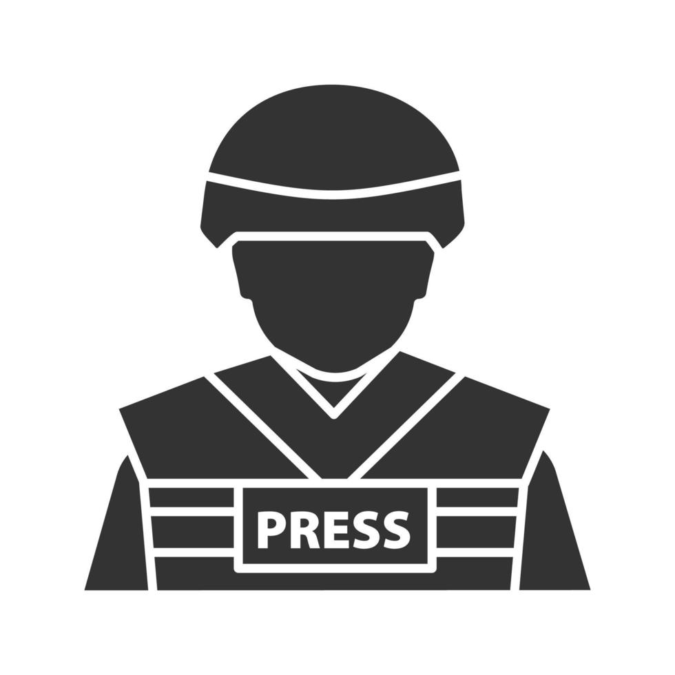 ícone de glifo de correspondente de guerra. jornalista militar. símbolo da silhueta. espaço negativo. ilustração isolada do vetor