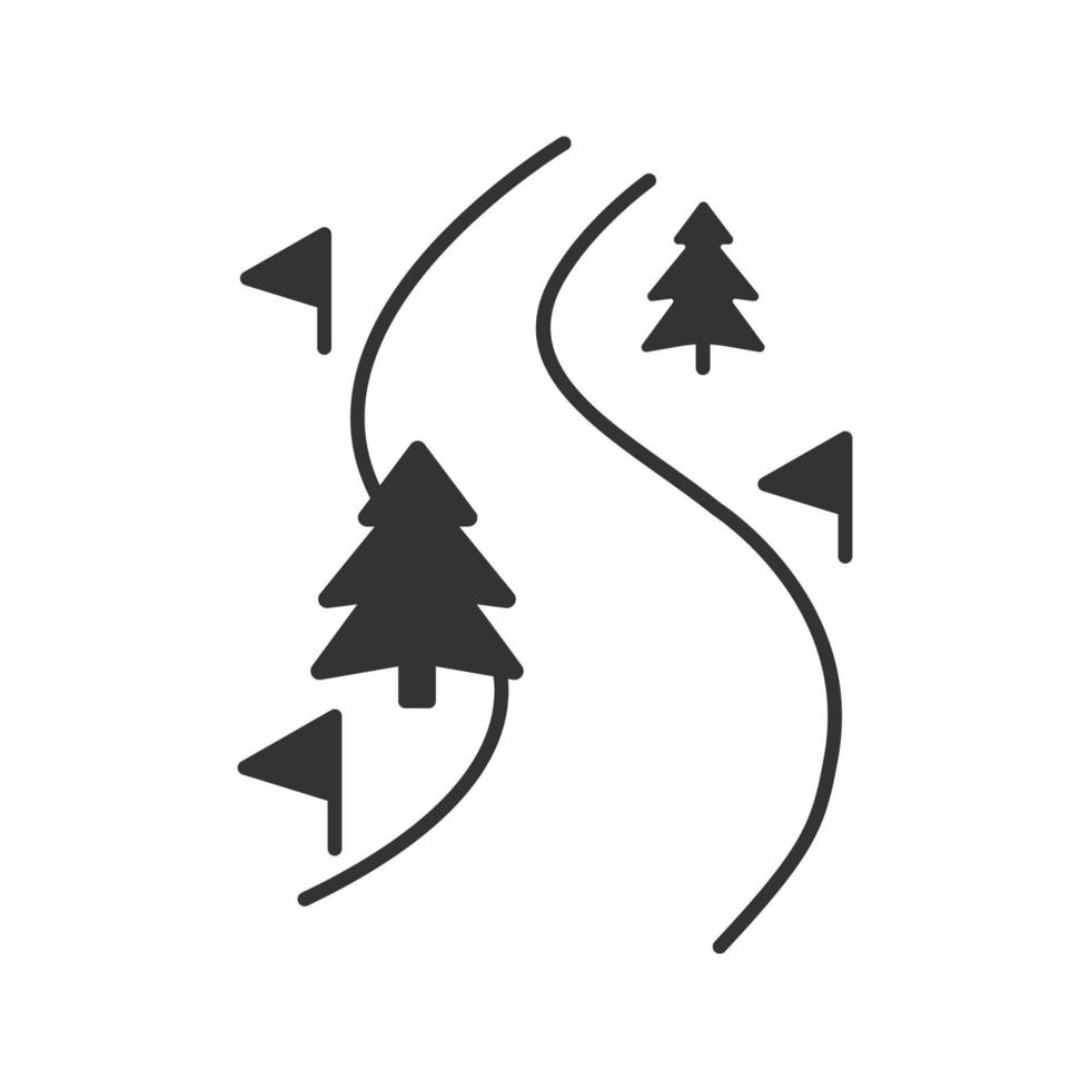 ícone de glifo de rota de esqui. estrada da floresta de inverno. paisagem montanhosa. símbolo da silhueta. espaço negativo. ilustração isolada do vetor