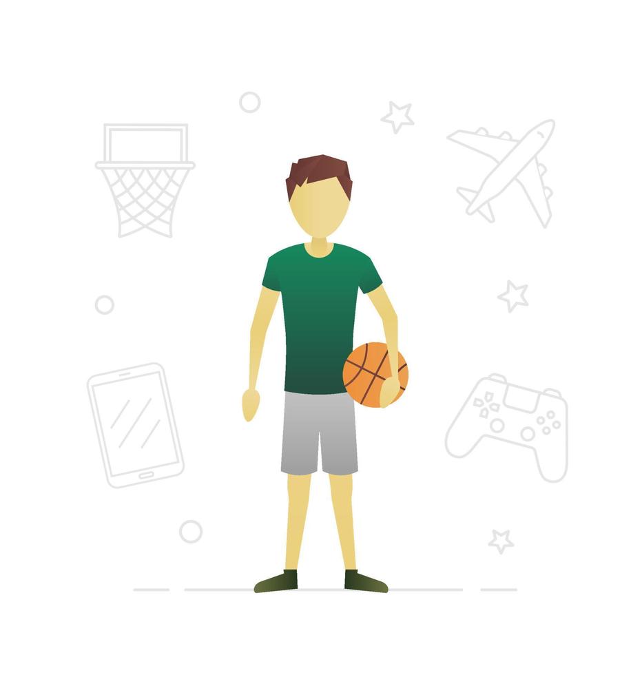 menino com design de personagens planas de bola de basquete. infância. atividade ao ar livre. ilustração isolada do vetor