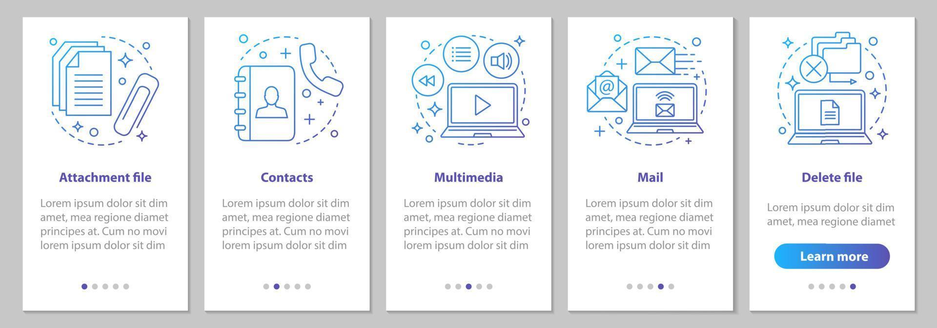 tela de página de aplicativo móvel de integração de software digital com conceitos lineares. arquivo anexo, e-mail, multimídia, contatos, instruções de etapas de exclusão de arquivo. modelo de vetor ux, ui, gui com ilustrações