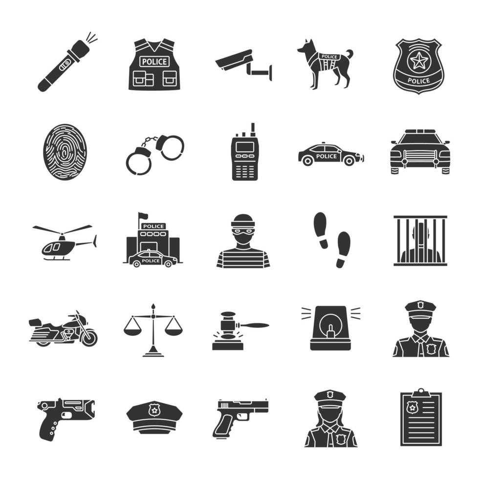 conjunto de ícones de glifo da polícia. aplicação da lei. transporte, equipamento de proteção, arma. símbolos de silhueta. ilustração isolada do vetor