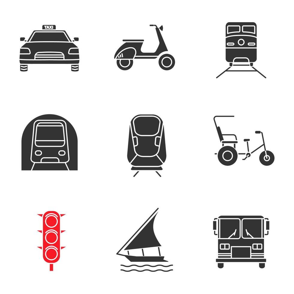conjunto de ícones de glifo de transporte público. meios de transporte. táxi, scooter, trem, metrô, transrapid, ciclo-riquixá, semáforos, barco à vela, ônibus. símbolos de silhueta. ilustração isolada do vetor