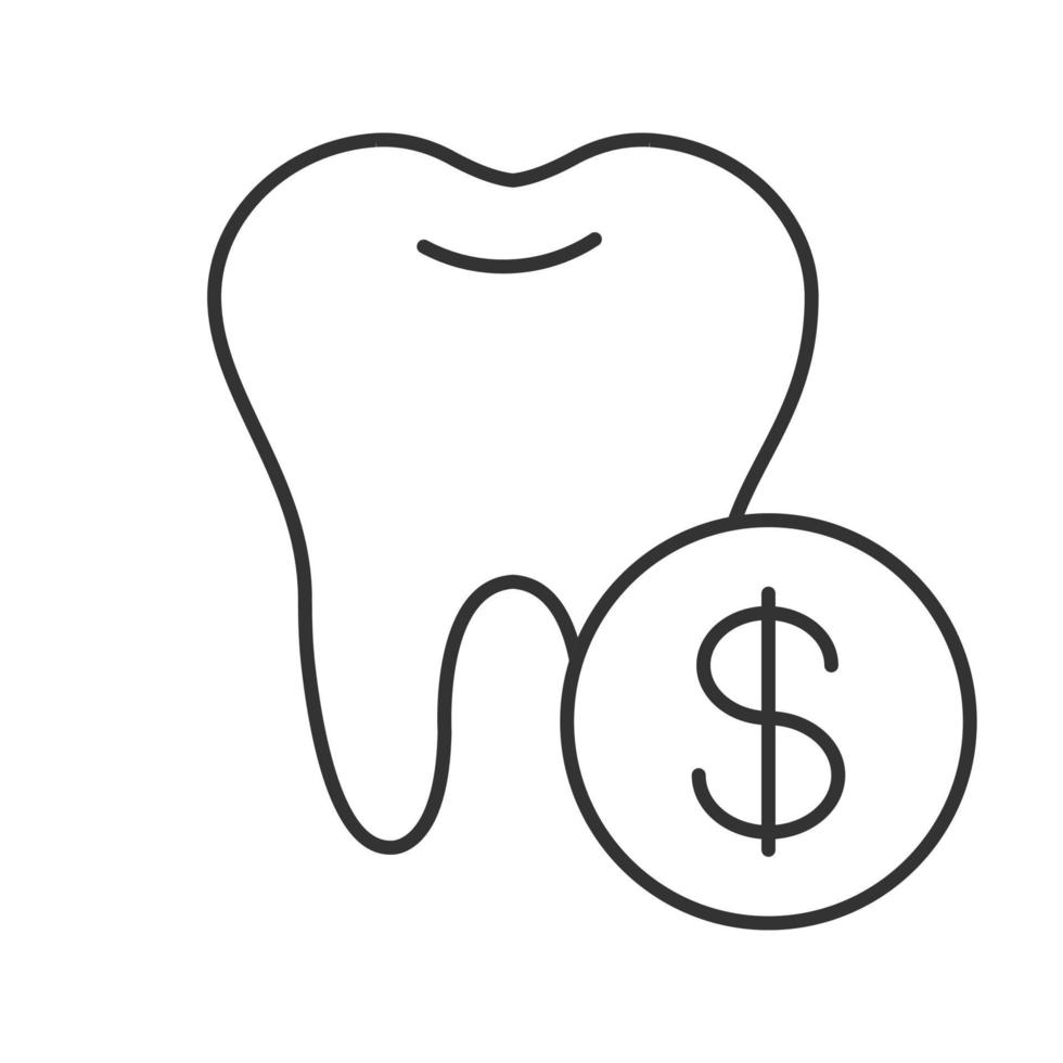 ícone linear de preço de serviços odontológicos. odontologia. ilustração de linha fina. dente com cifrão. símbolo de contorno. desenho de vetor isolado