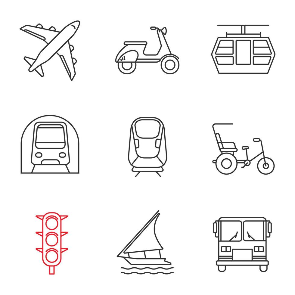 conjunto de ícones lineares de transporte público. símbolos de contorno de linha fina. avião, scooter, funicular, metrô, transrapid, ciclo-riquixá, semáforos, barco à vela, ônibus. ilustrações isoladas de contorno vetorial vetor