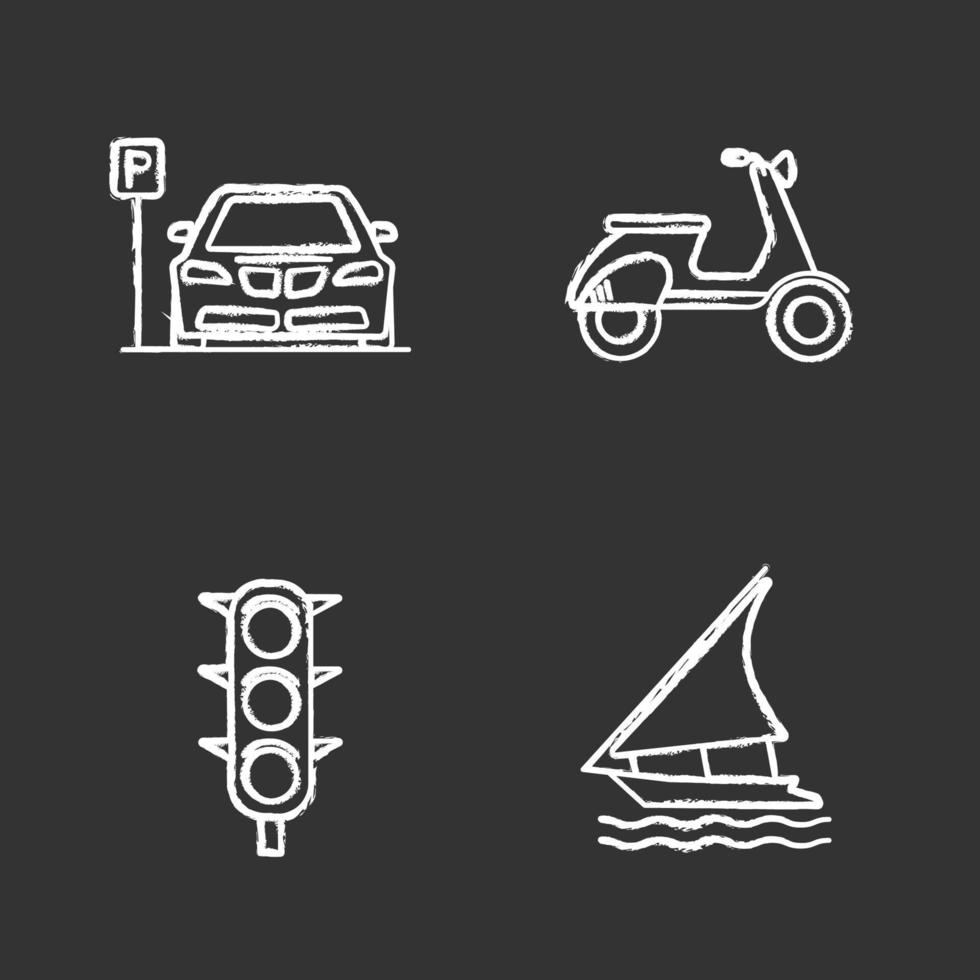 conjunto de ícones de giz de transporte público. meios de transporte. zona de estacionamento, scooter, semáforo, barco à vela. ilustrações vetoriais isoladas em quadro-negro vetor