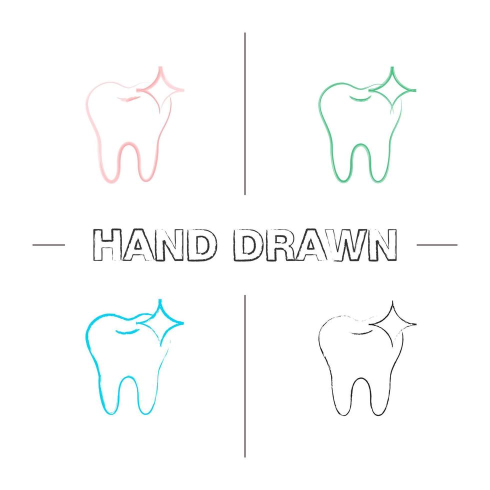 conjunto de ícones de mão desenhada de dente brilhante saudável. clareamento dos dentes. pincelada de cor. ilustrações esboçadas de vetor isoladas