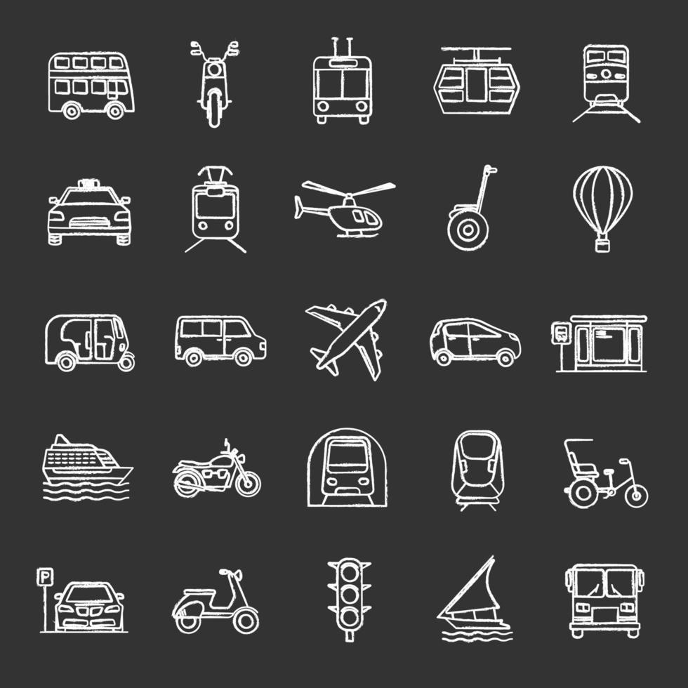 conjunto de ícones de giz de transporte público. veículos aquáticos, terrestres e aéreos. meios de transporte. ilustrações vetoriais isoladas em quadro-negro vetor