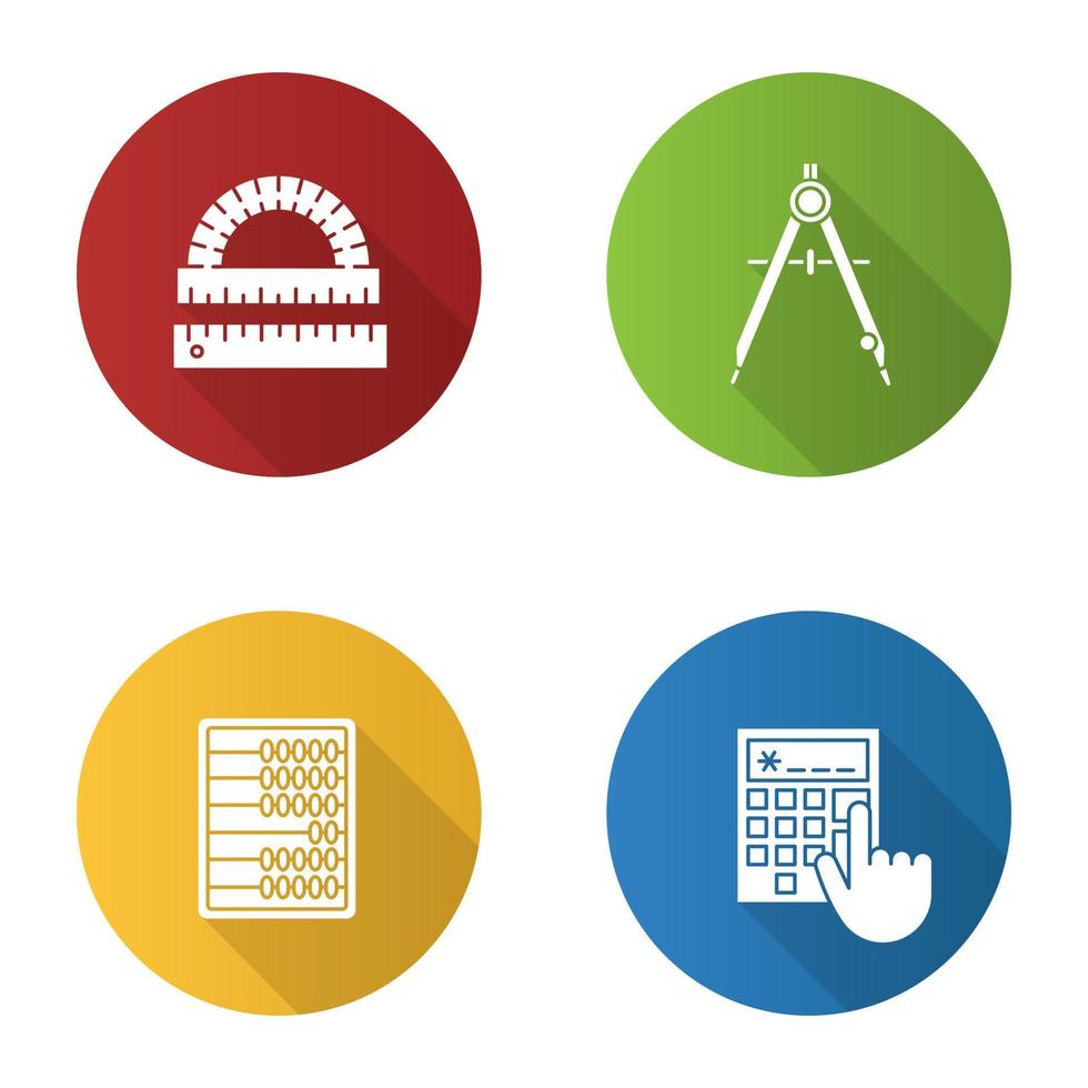 matemática design plano conjunto de ícones de glifo de sombra longa. transferidor, régua, compasso, ábaco, calculadora. ilustração da silhueta do vetor
