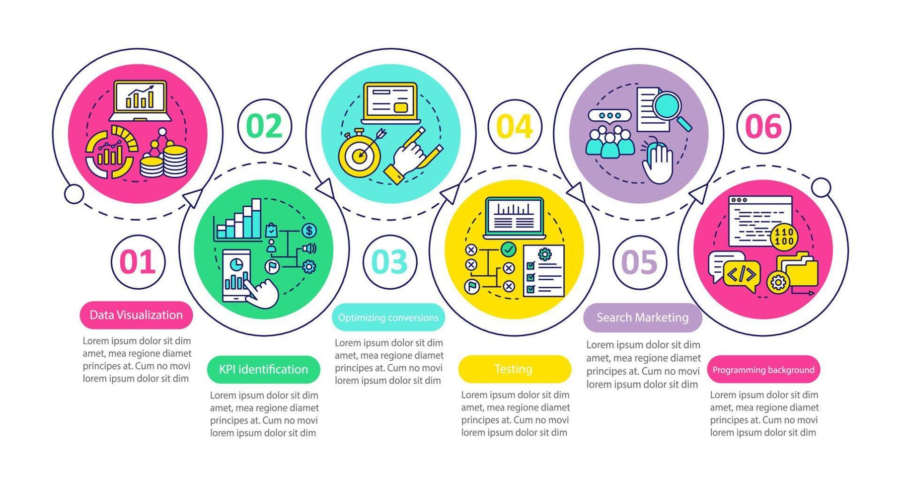 cursos de métricas de negócios vetor modelo infográfico. elementos de design de apresentação de negócios. visualização de dados com etapas e opções. gráfico de linha do tempo do processo. layout de fluxo de trabalho com ícones lineares