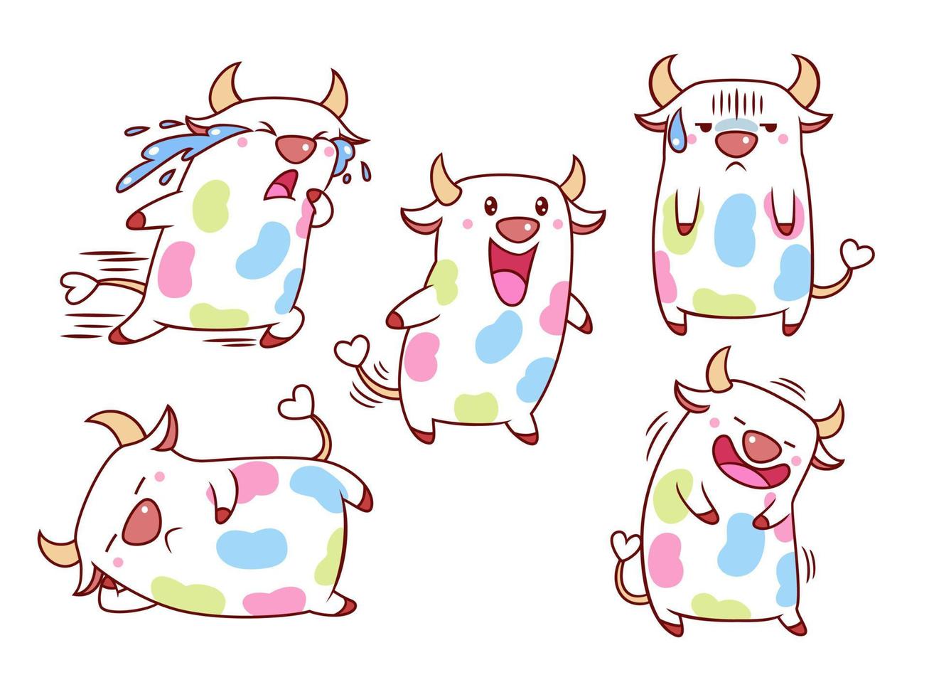 conjunto de vacas bonito dos desenhos animados com manchas coloridas em diferentes poses. vetor