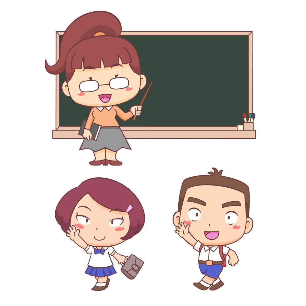 personagem de desenho animado de crianças e professor de volta às aulas. vetor