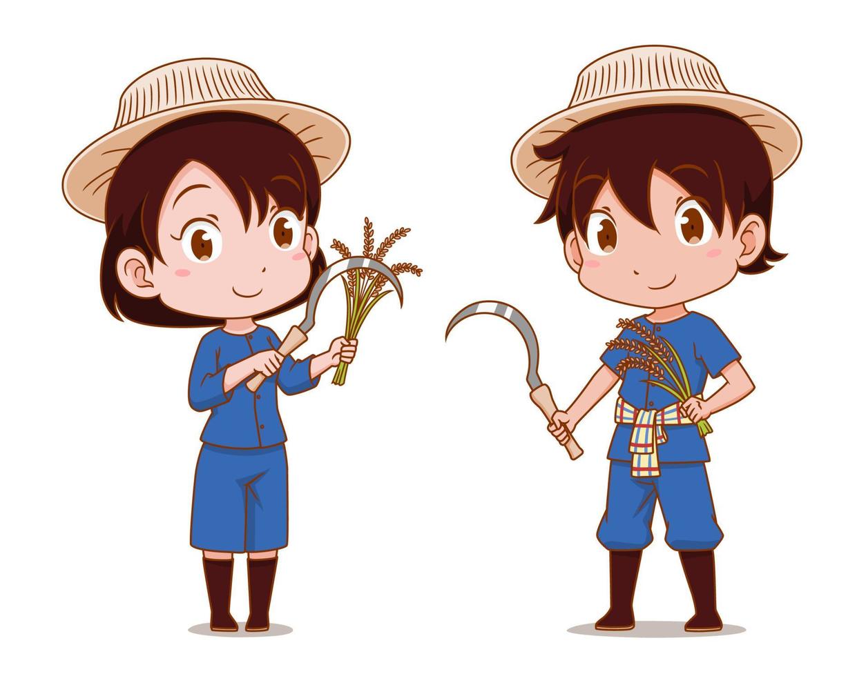 desenho de casal bonito de agricultores tailandeses. vetor