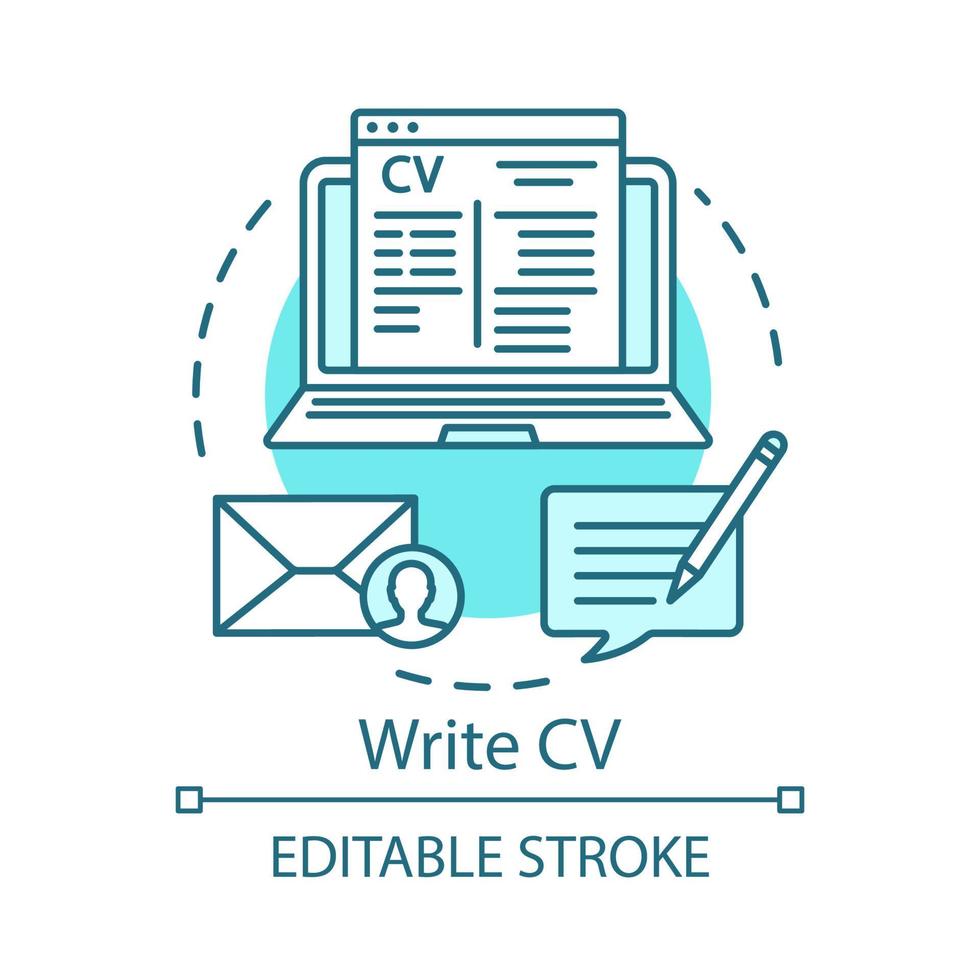 escreva o ícone do conceito de cv. currículo, ilustração de linha fina de ideia de curriculum vitae. envio de pedido de emprego e currículo. inscreva-se, inscreva-se. desenho de contorno isolado do vetor. curso editável vetor