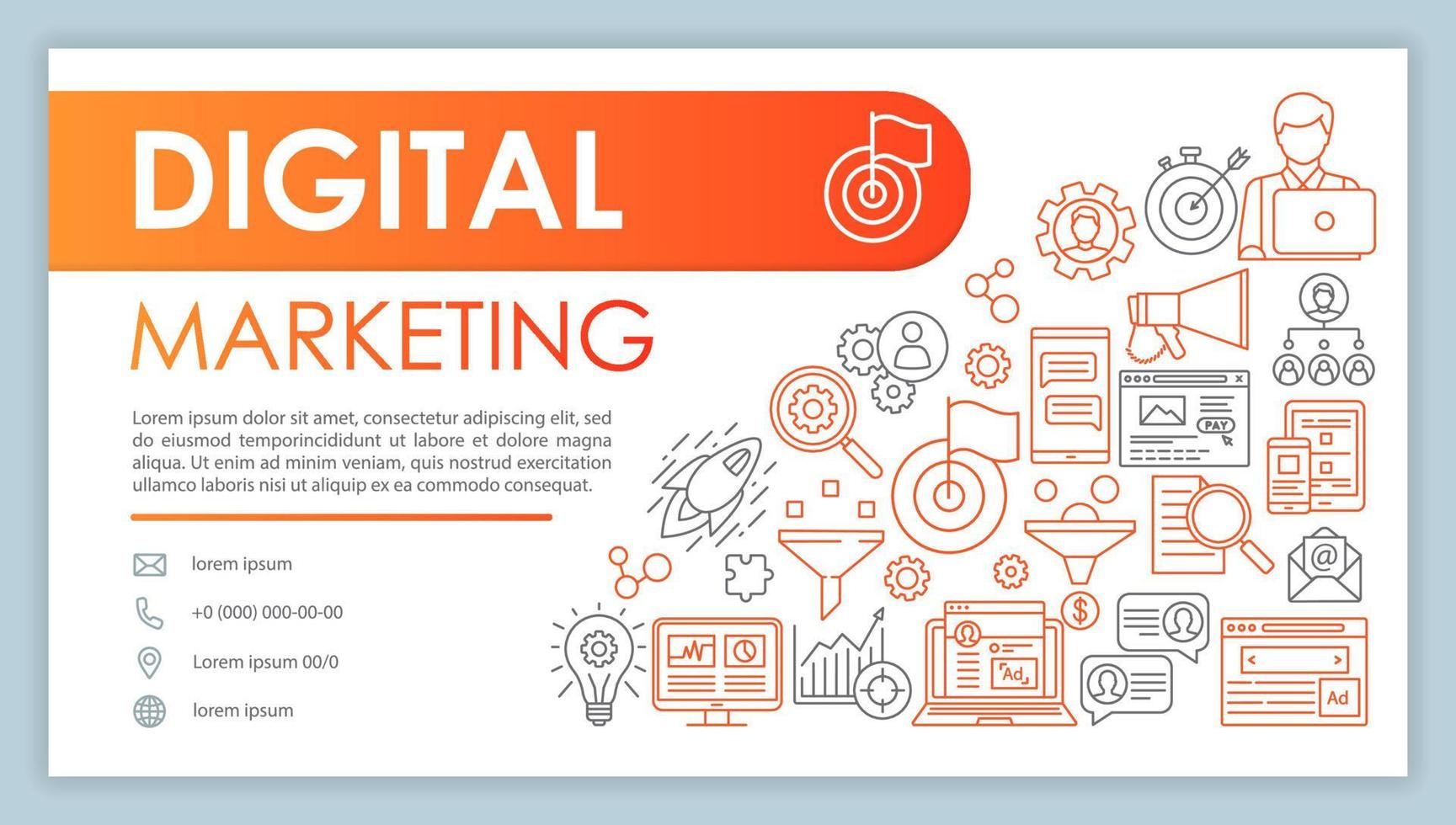 banner de marketing digital, modelo de vetor de cartão de visita. atração de clientes, retenção. contato da empresa com telefone, ícones lineares de e-mail. smm, seo. apresentação, ideia de página da web. layout de impressão corporativa