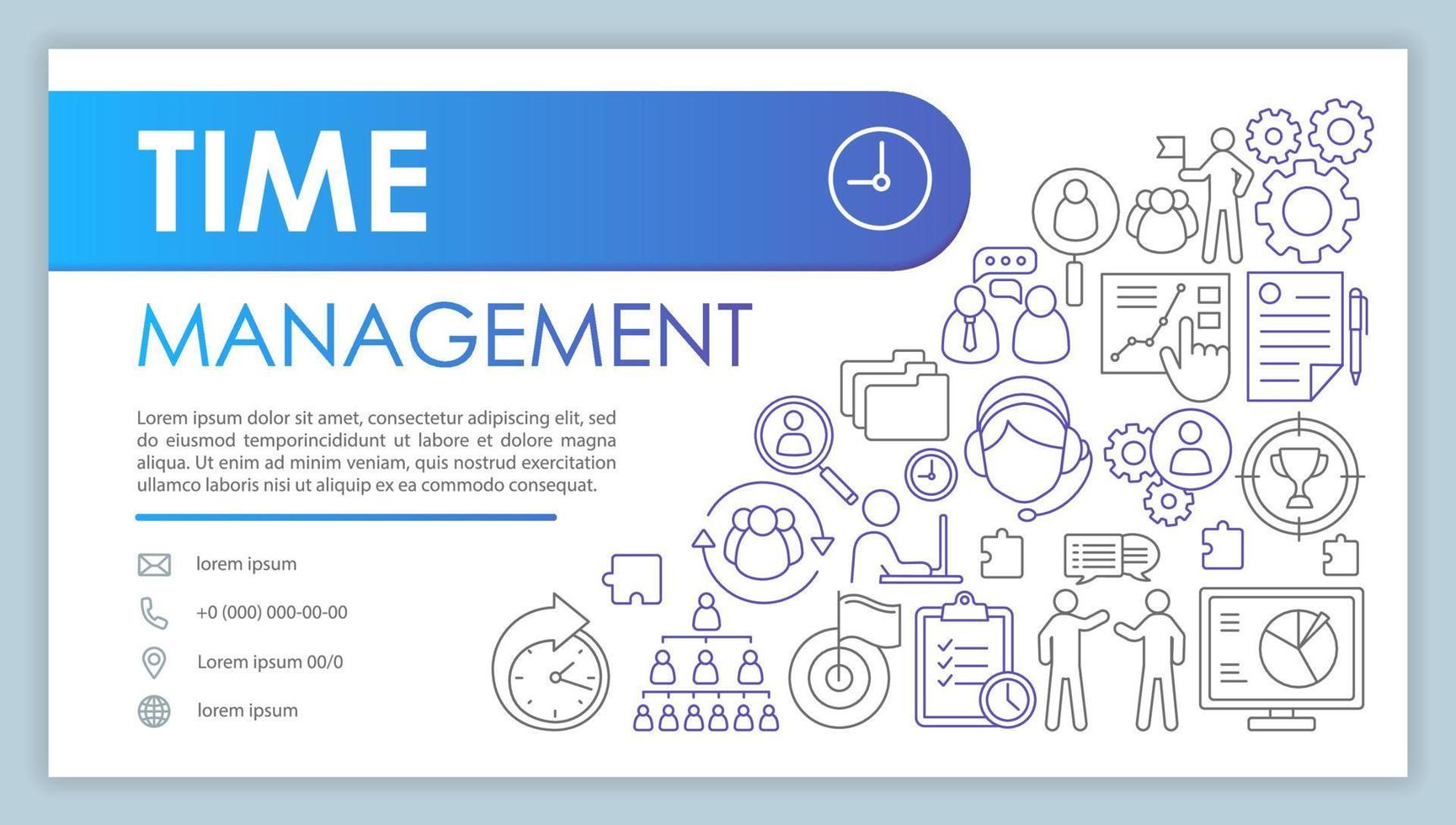 banner de gerenciamento de tempo, modelo de cartão de visita. otimização do fluxo de trabalho. contato da empresa com ícones de linha de telefone, e-mail. organização de processos de negócios. apresentação, ideia de página da web. layout de impressão corporativa vetor