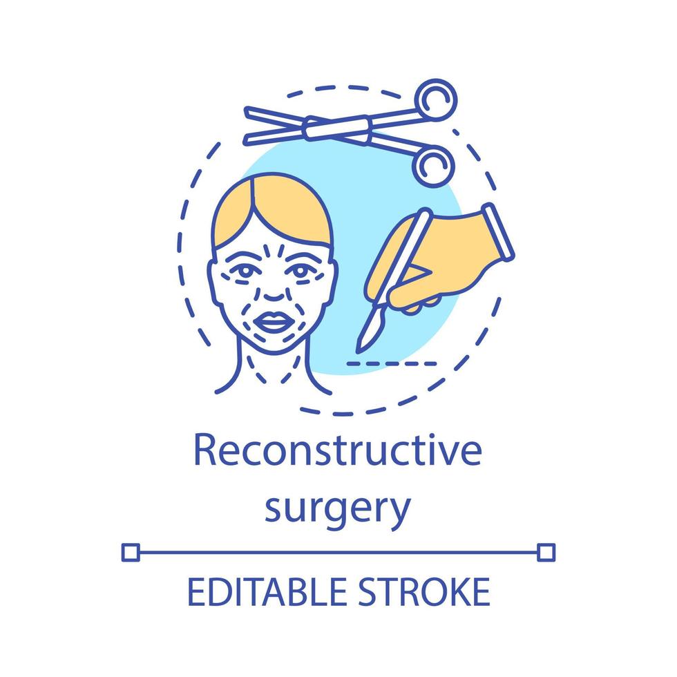 ícone do conceito de cirurgia reconstrutiva. ilustração de linha fina de ideia de tratamento de estruturas de corpo. defeitos congênitos. anormalidades, trauma, tumores. desenho de contorno isolado do vetor. curso editável vetor