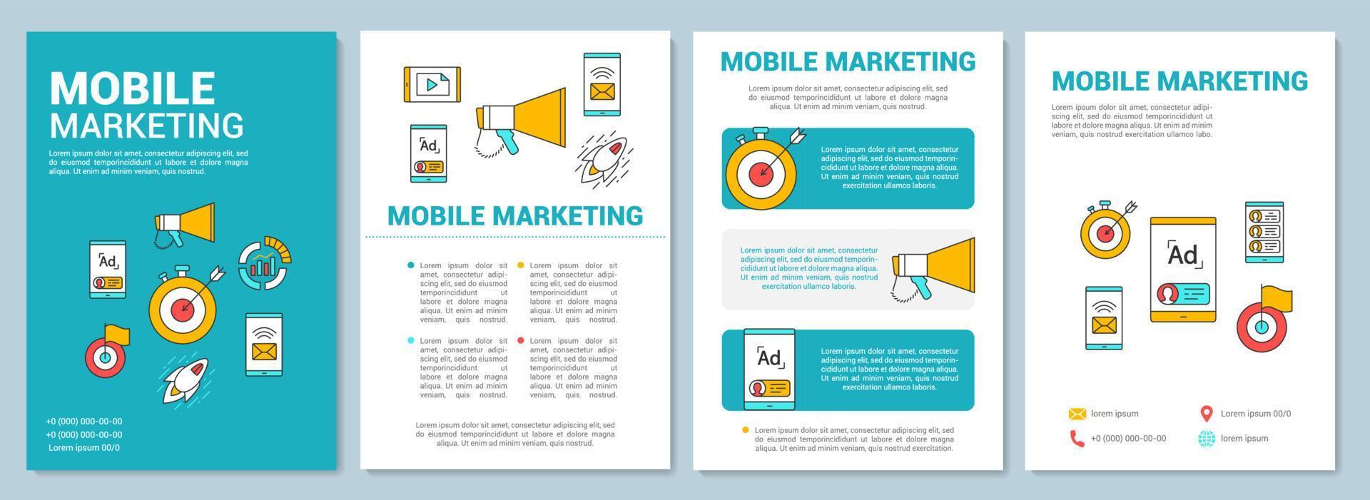 layout de modelo de folheto de marketing móvel. publicidade ao público-alvo. folheto, livreto, design de impressão de folheto com ilustrações lineares. layouts de página de vetor para revistas, relatórios, pôsteres de publicidade