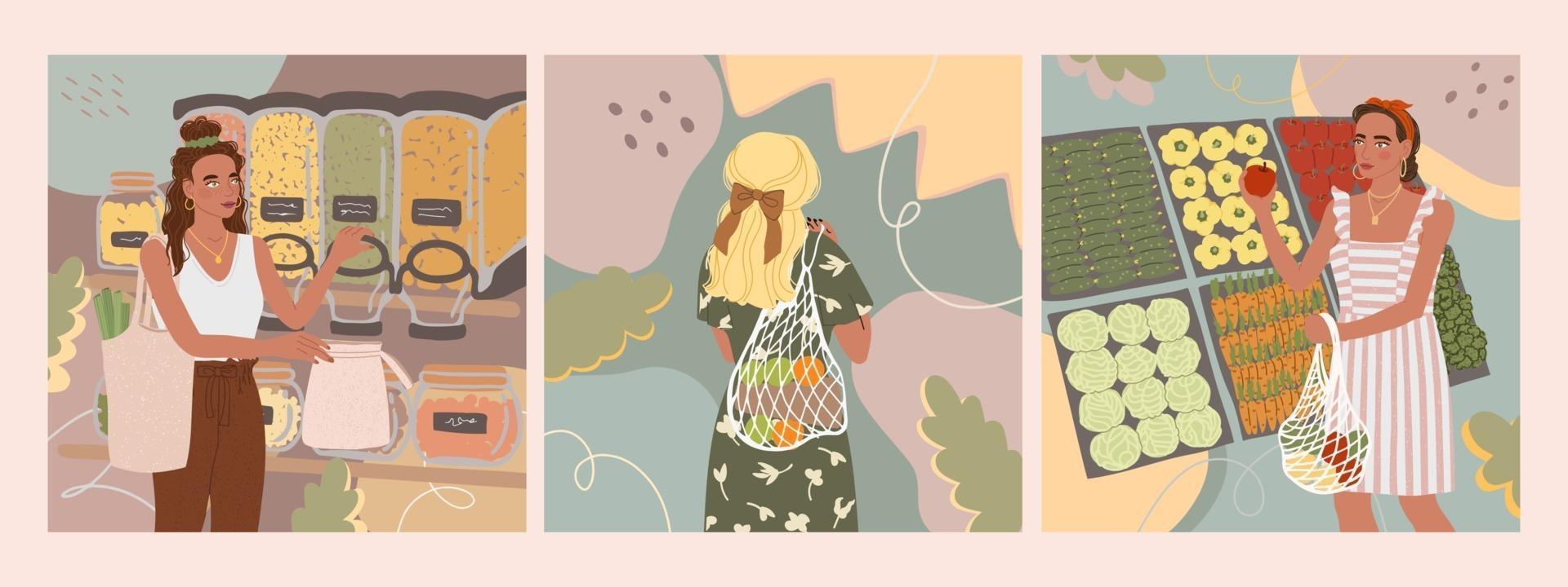 Vector conjunto colorido com ilustrações de linda jovem com saco eco comprar comida na loja ou no mercado, na moda vestida em fundos abstratos. conceito de desperdício zero.