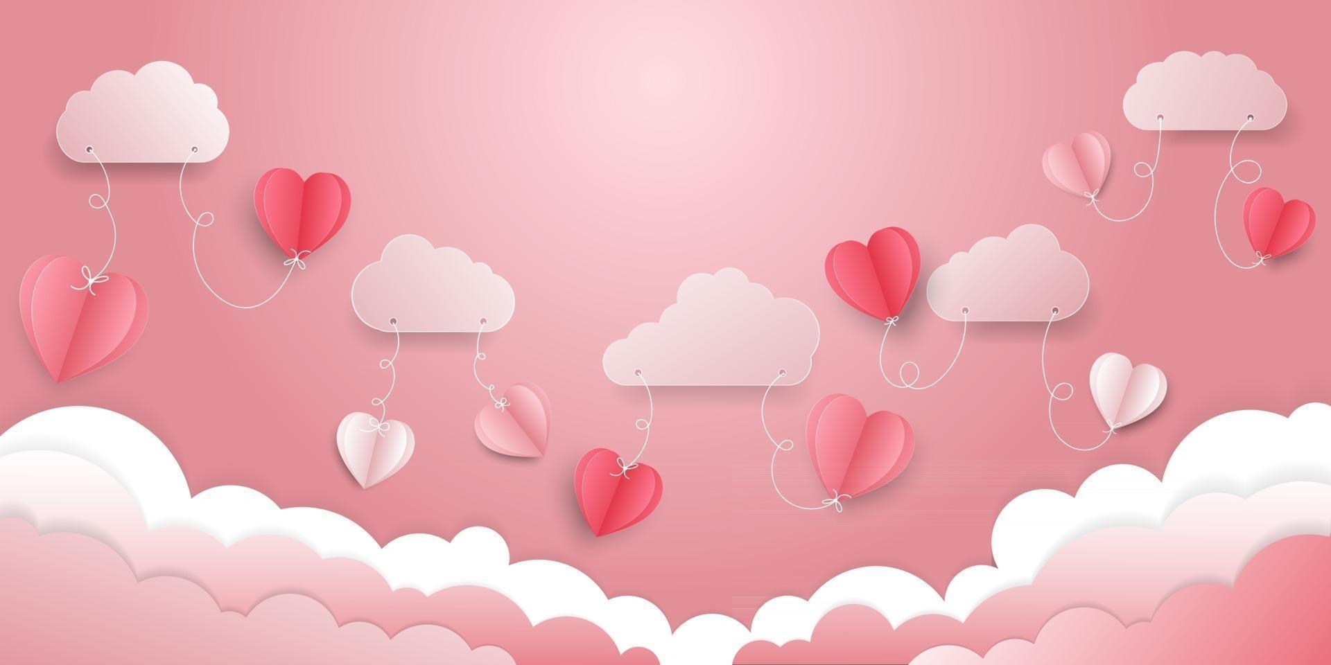 ilustração vetorial fundo de conceito de dia dos namorados, corações de papel vermelho e rosa 3d e nuvens estão segurando por uma picada no topo, o fundo rosa suave parece fofo no ar. vetor