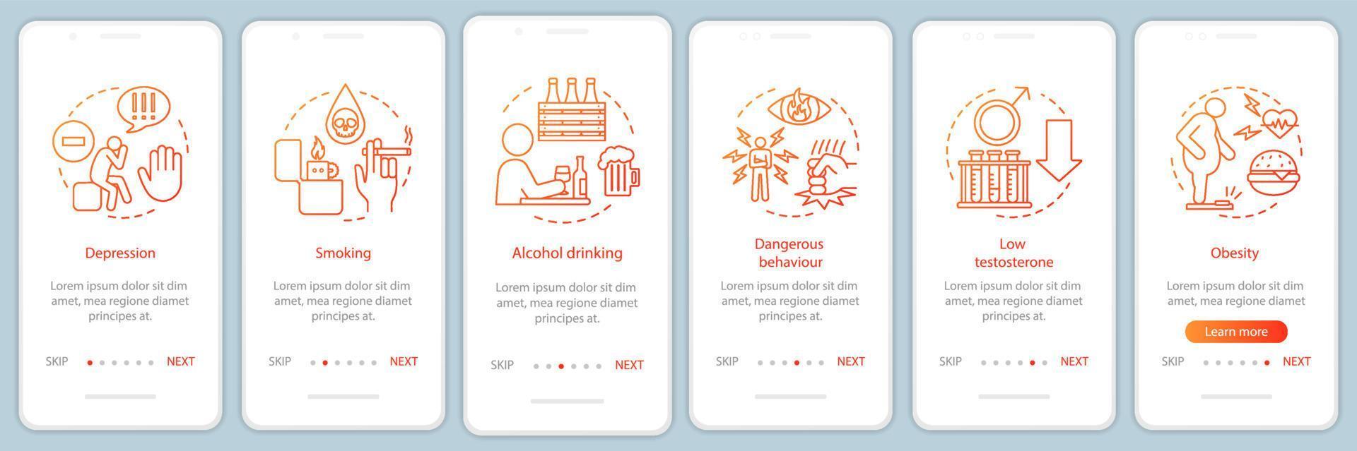 fatores de risco para a saúde masculina integração da tela da página do aplicativo móvel com conceitos lineares. tabagismo, obesidade, álcool passo a passo instruções gráficas. modelo de vetor ux, ui, gui com ilustrações