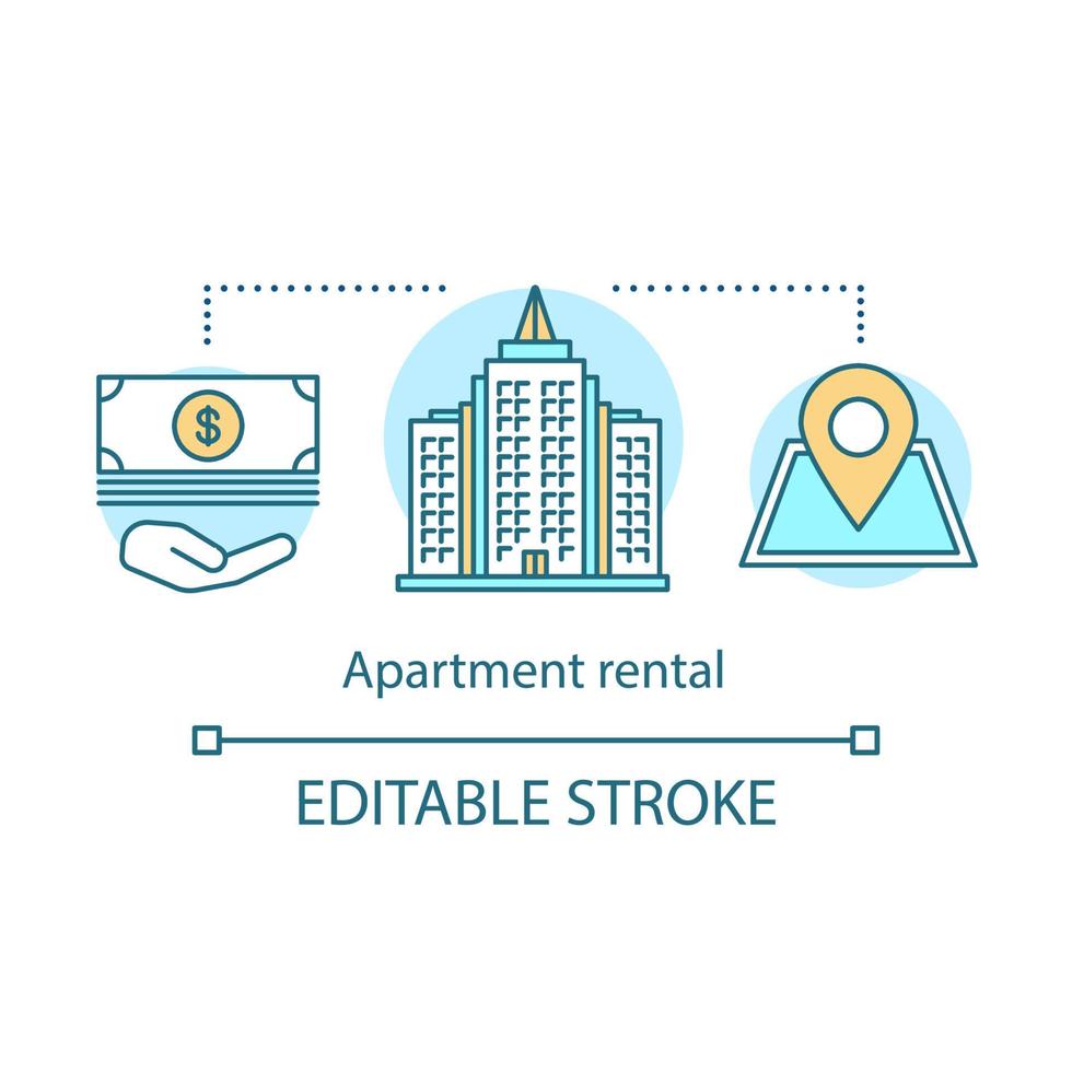 ícone do conceito de aluguel de apartamento. investimento imobiliário. compra de propriedade. escolher acomodação. escritório de locação, ilustração de linha fina de ideia plana. desenho de contorno isolado do vetor. curso editável vetor