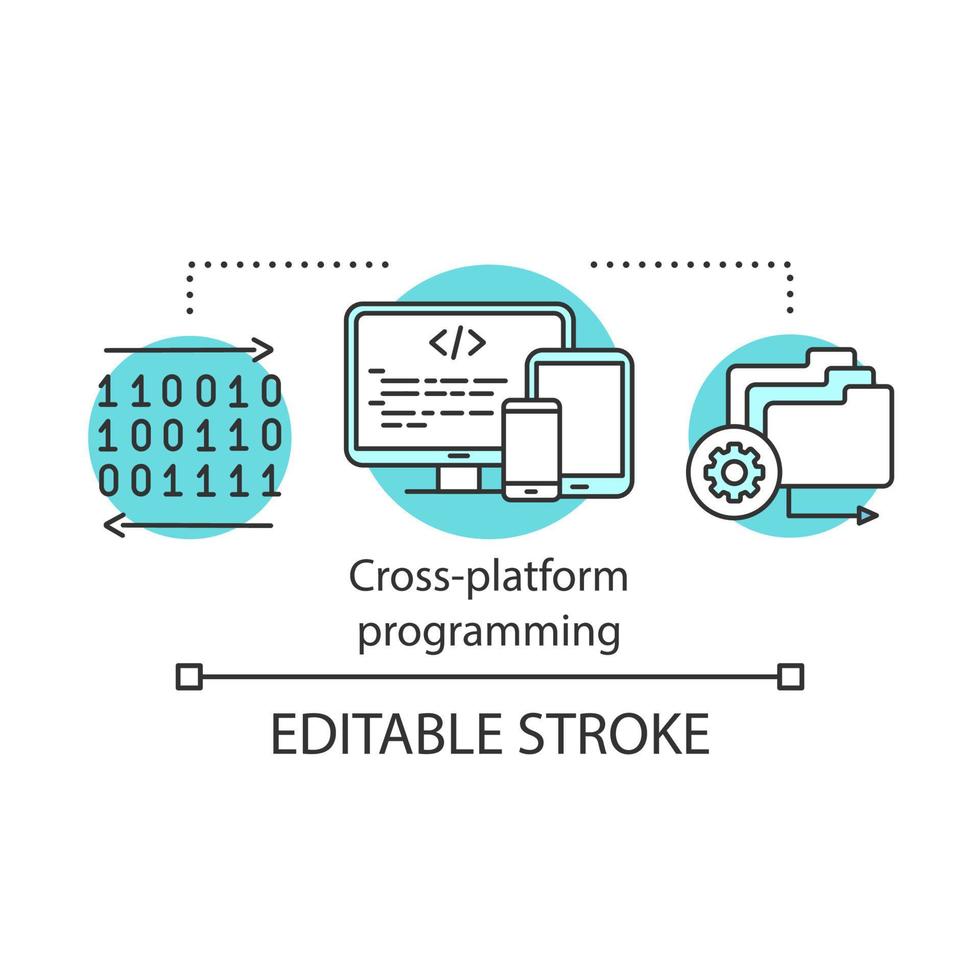 ícone do conceito de programação de aplicativo de plataforma cruzada. negócio de desenvolvimento de software. ilustração de linha fina de ideia de engenharia de aplicativo. tecnologia de computador. desenho de contorno isolado do vetor. curso editável vetor