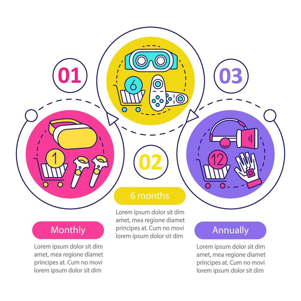 modelo de infográfico de vetor de assinatura de jogo VR. elementos de design de apresentação de negócios. tarifa mensal. visualização de dados, três etapas, opção. gráfico de linha do tempo do processo. layout de fluxo de trabalho, ícones