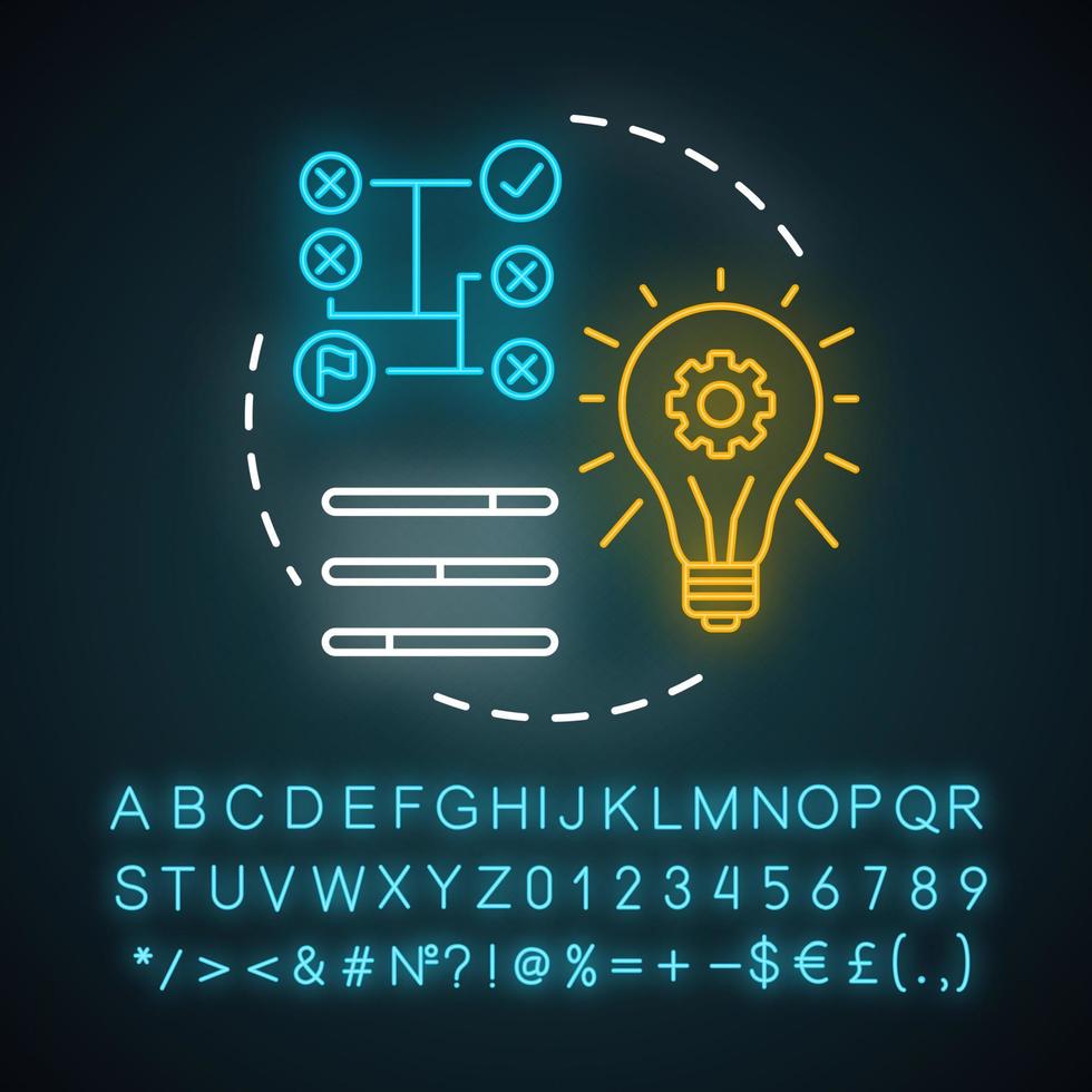 ícone do conceito de luz de néon de habilidades técnicas. poder do conhecimento, processo de aprendizagem, autoeducação. sinal brilhante com alfabeto, números e símbolos. ilustração isolada de vetor de mentalidade técnica lógica