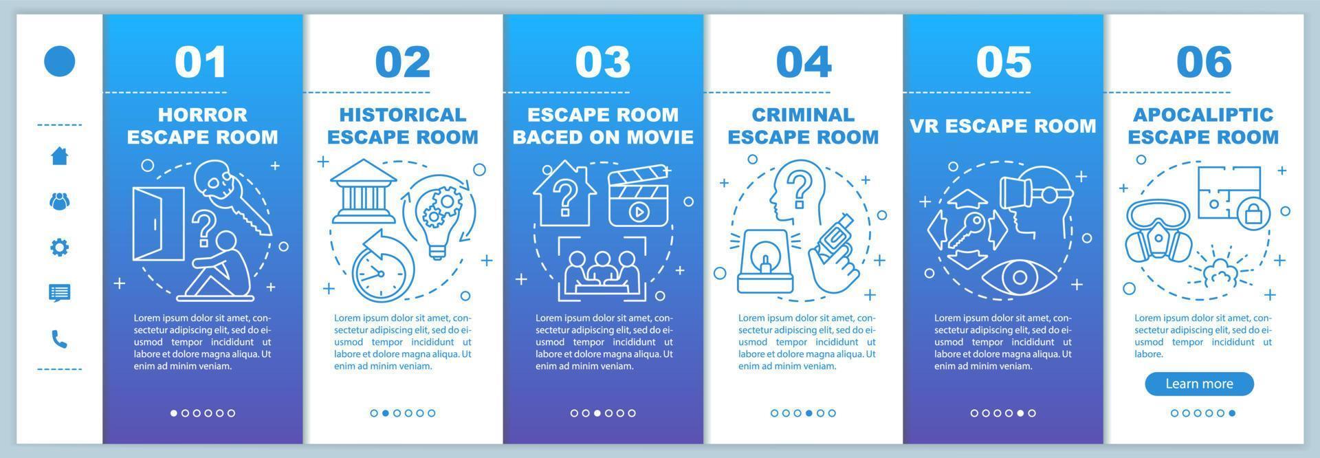 escape room blue onboarding mobile web pages vector template. tipos de missões. ideia de interface de site de smartphone responsivo com ilustrações lineares. telas de passo a passo da página da web. conceito de cor