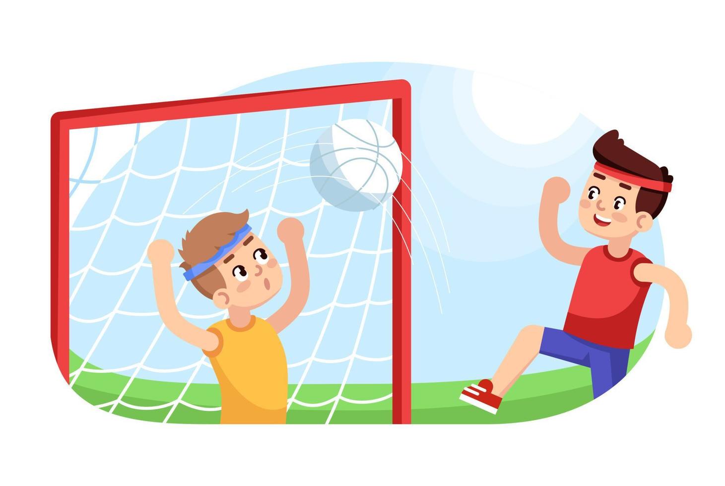 meninos jogando futebol ilustração vetorial plana. clube desportivo para lazer infantil. jogo de equipe para jovens desportistas. atividades extracurriculares ao ar livre. jogadores infantis em personagens de desenhos animados do campeonato vetor