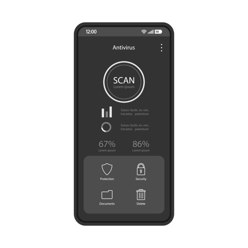 modelo de vetor de interface de aplicativo de smartphone anti-malware. layout preto da página do aplicativo antivírus móvel. tela de varredura de vírus e ameaças digitais. IU de firewall plana. tela do telefone com estatísticas de erros