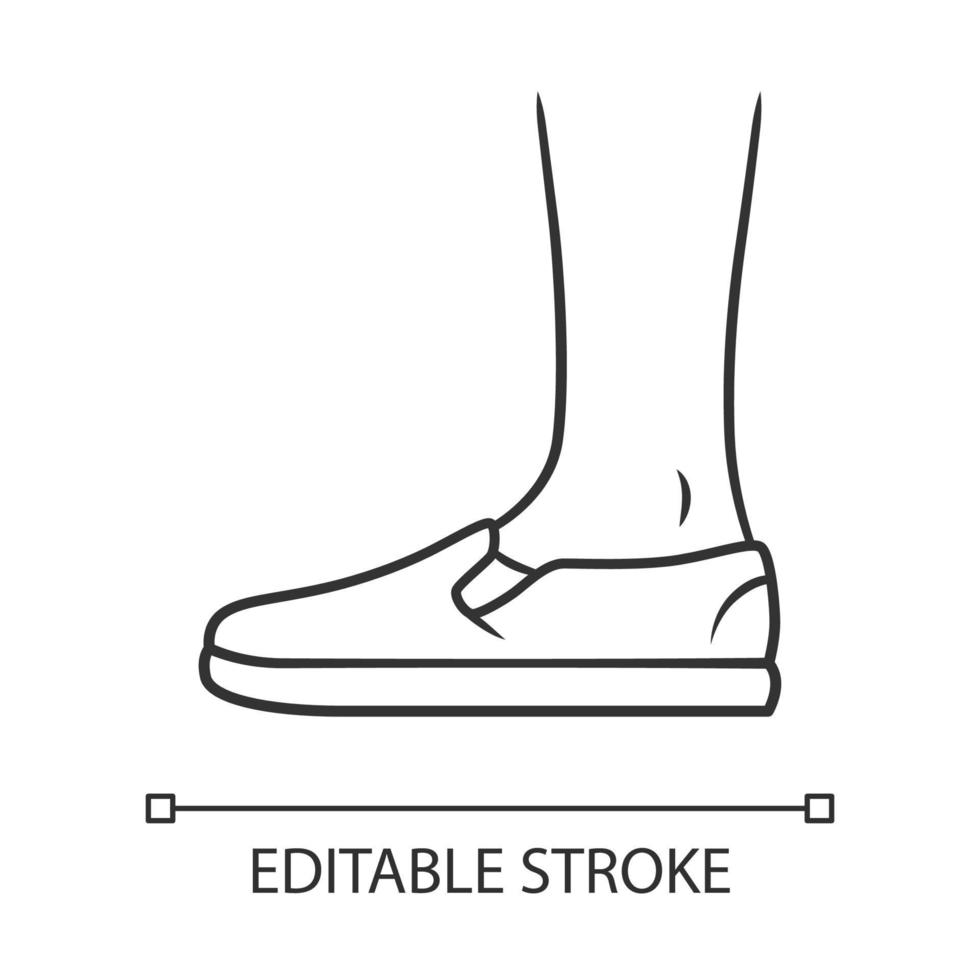 ícone de deslizamento ons linear. design de calçados elegantes para mulheres e homens. apartamentos casuais unissex, sapatos modernos de lona. curso editável. ilustração de linha fina. símbolo de contorno. desenho de contorno isolado de vetor