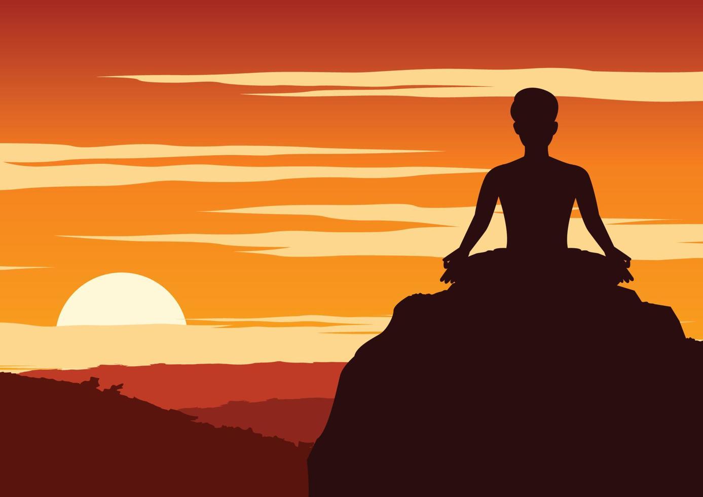 india yogi pratica ioga, uma espécie de relaxamento, ao redor da natureza na hora do pôr do sol, desenho de silhueta vetor