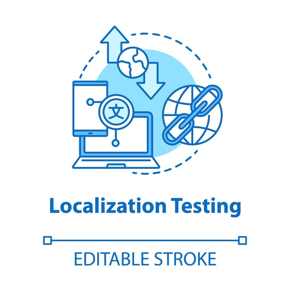 ícone do conceito turquesa de teste de localização. ilustração de linha fina de ideia de estágio de desenvolvimento de software. programação de aplicativos, é projeto. personalizar aplicativo. desenho de contorno isolado do vetor. curso editável vetor