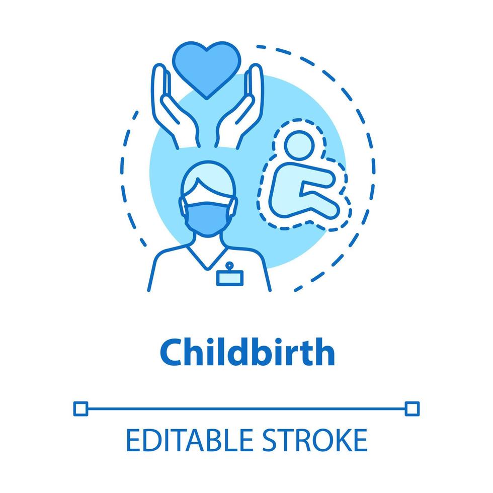 ícone do conceito de parto. ilustração de linha fina de ideia de cuidado de parto. gravidez, maternidade. obstetra, médico. maternidade. desenho de contorno isolado do vetor. curso editável vetor