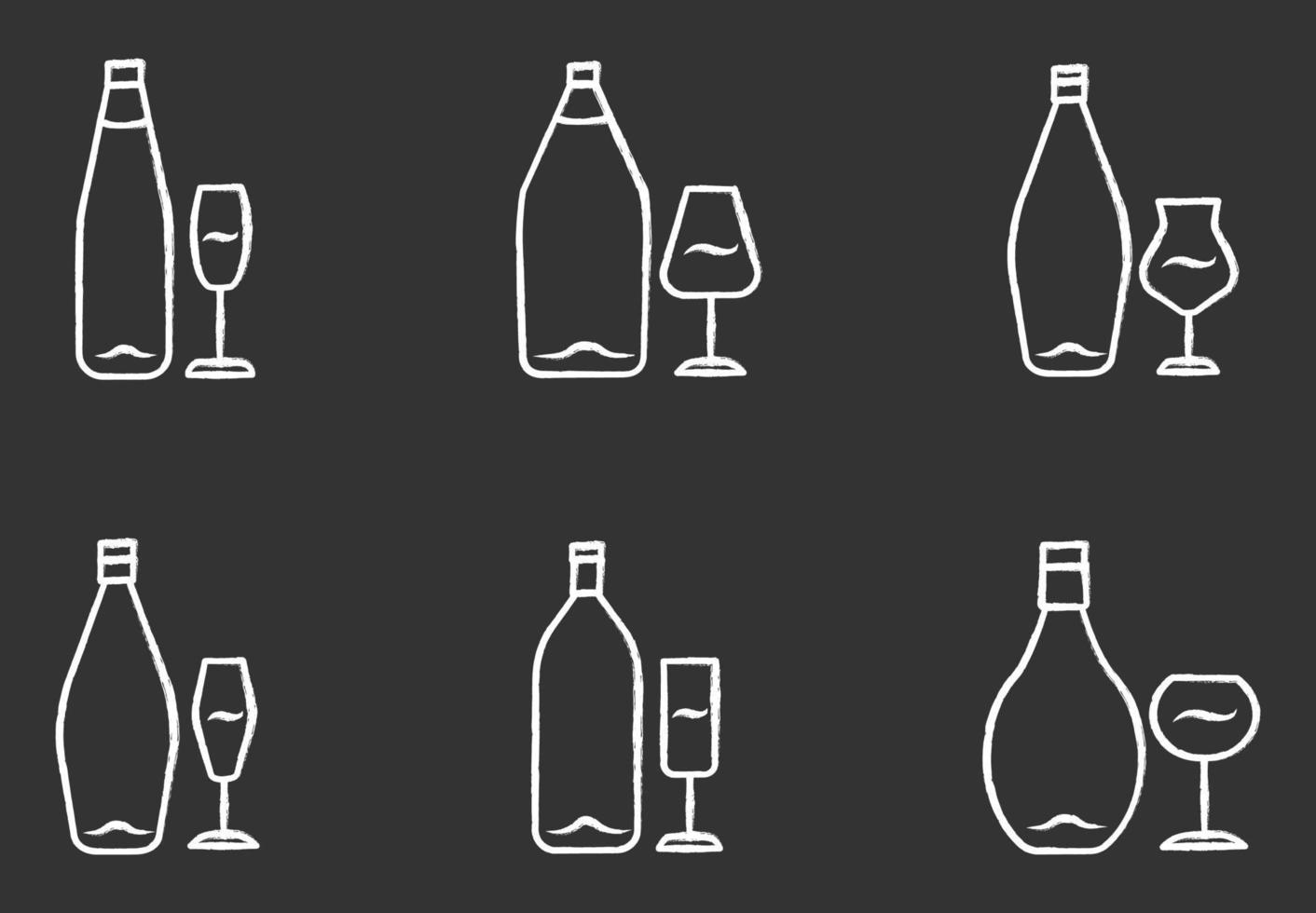 conjunto de ícones de giz de vinho. garrafa e copo de vinho. bebida alcoólica. serviço de restaurante. copos para vinho tinto, branco, sobremesa e champanhe. ilustrações vetoriais isoladas em quadro-negro vetor