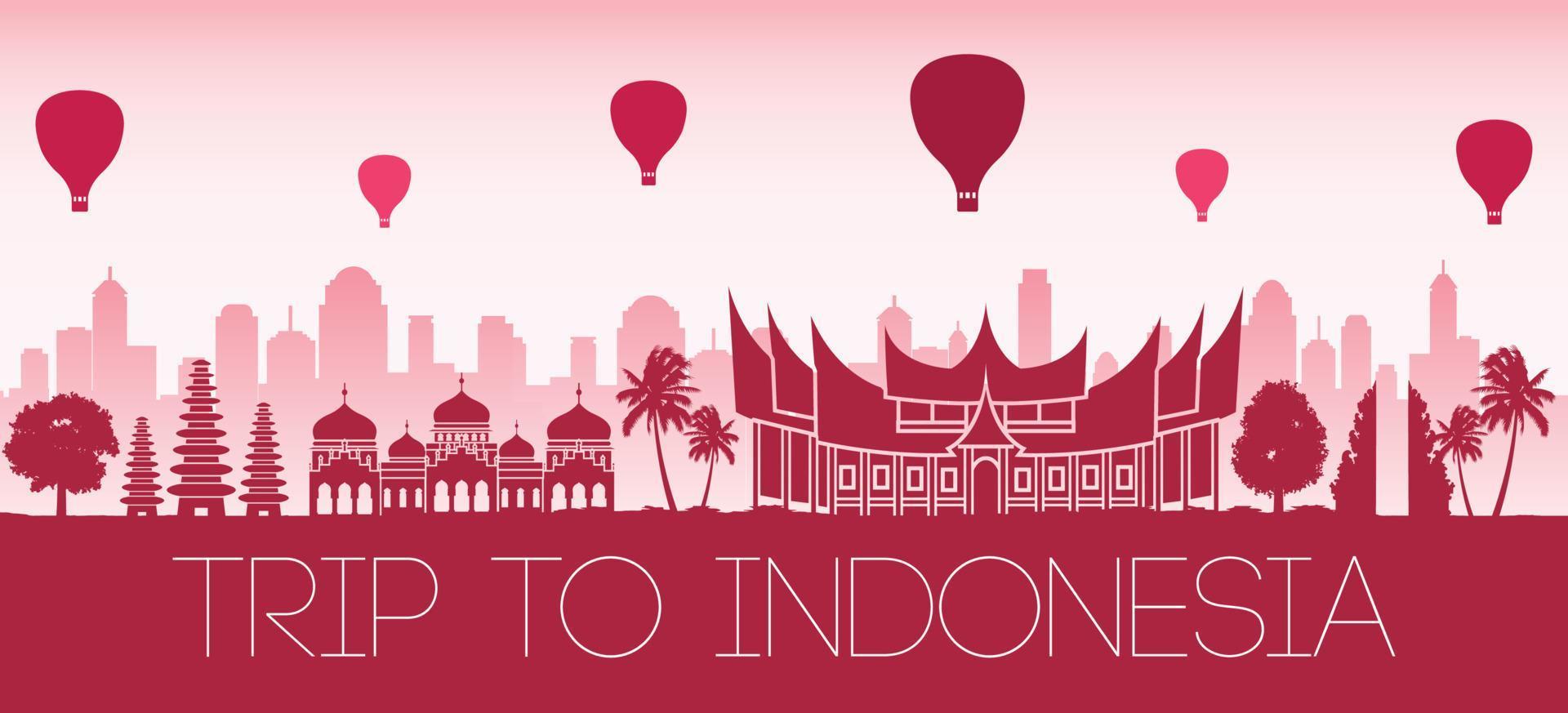Indonésia famoso ponto turístico por balão flutuando na cor da bandeira com design de silhueta vermelha vetor